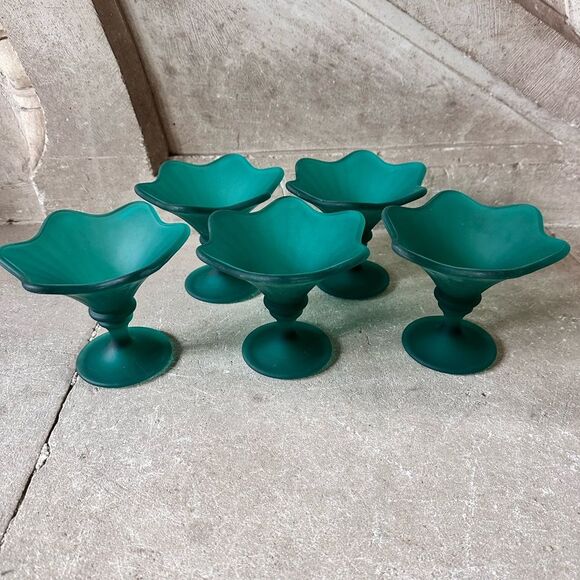 Fidenza Vintage 1960s Glass Dessert Ice Cream Coupes Cups Teal Frosted x5 Italy - Picture 5 of 5